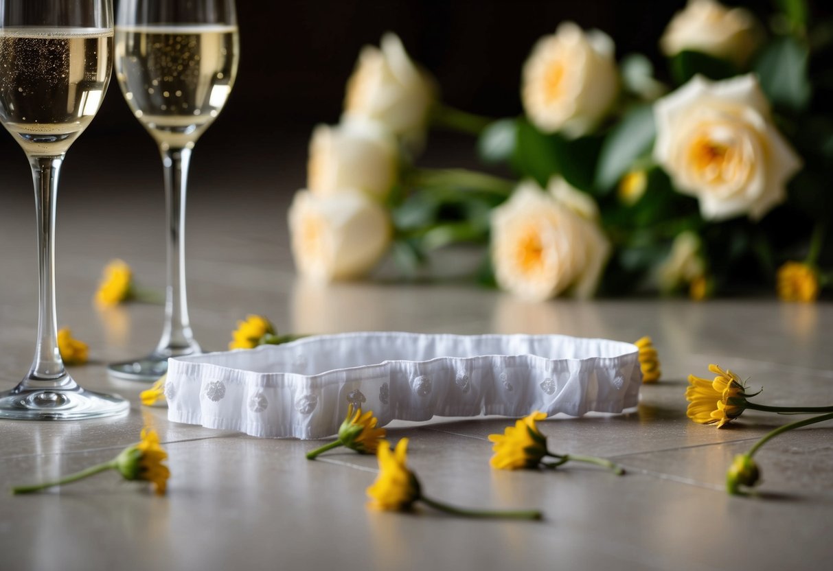 A wedding garter lies discarded on the floor, surrounded by wilting flowers and empty champagne glasses