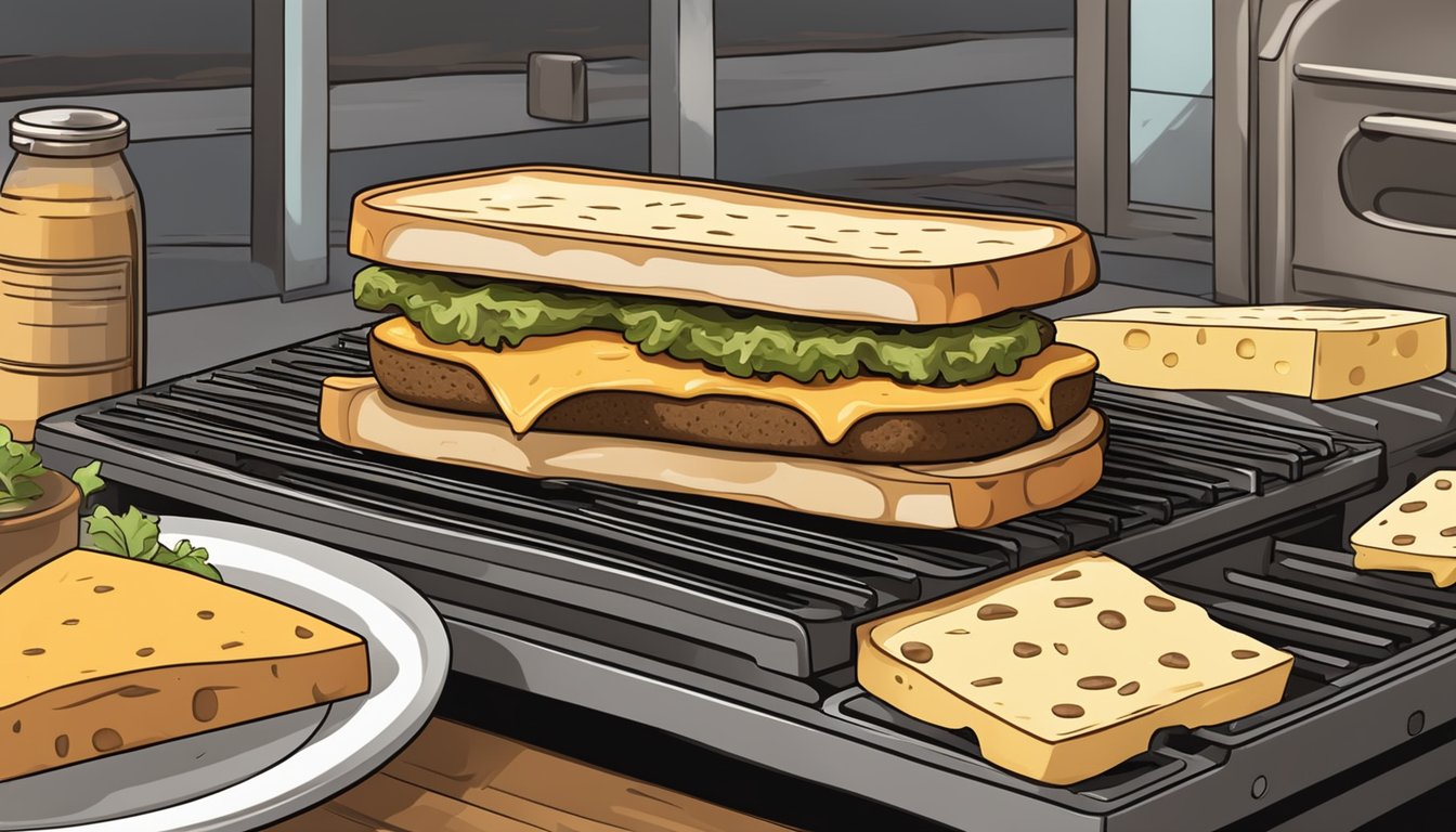 A sizzling patty melt is being placed on a grill, while a stack of cheese, onions, and bread sit nearby for assembly