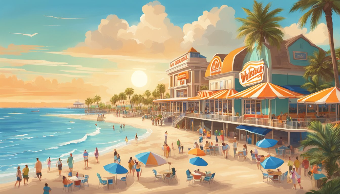 A sunny Florida beach with a Whataburger restaurant nestled between palm trees and a bustling boardwalk