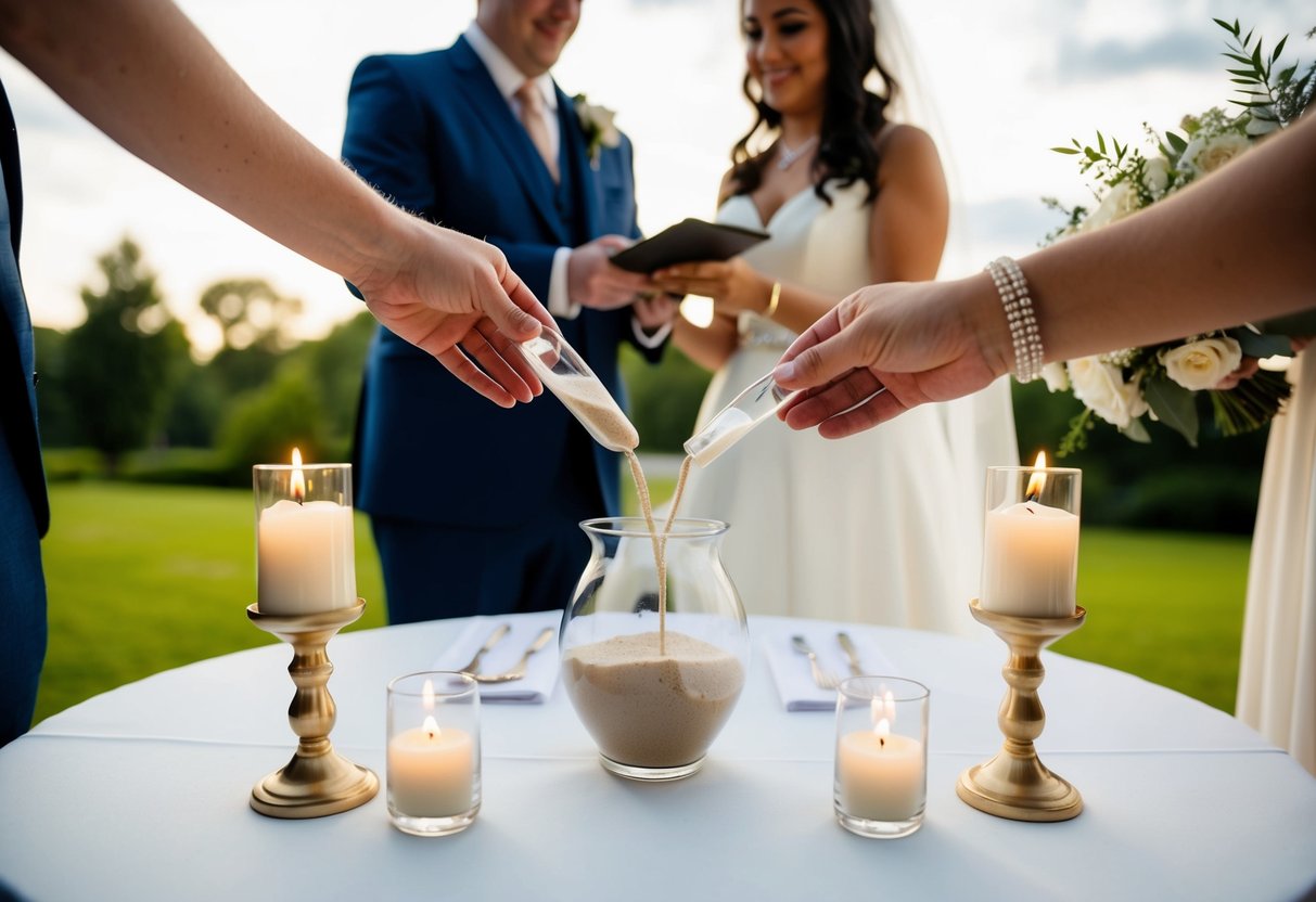 A wedding ceremony with added rituals, such as a sand blending or unity candle lighting, to extend its duration