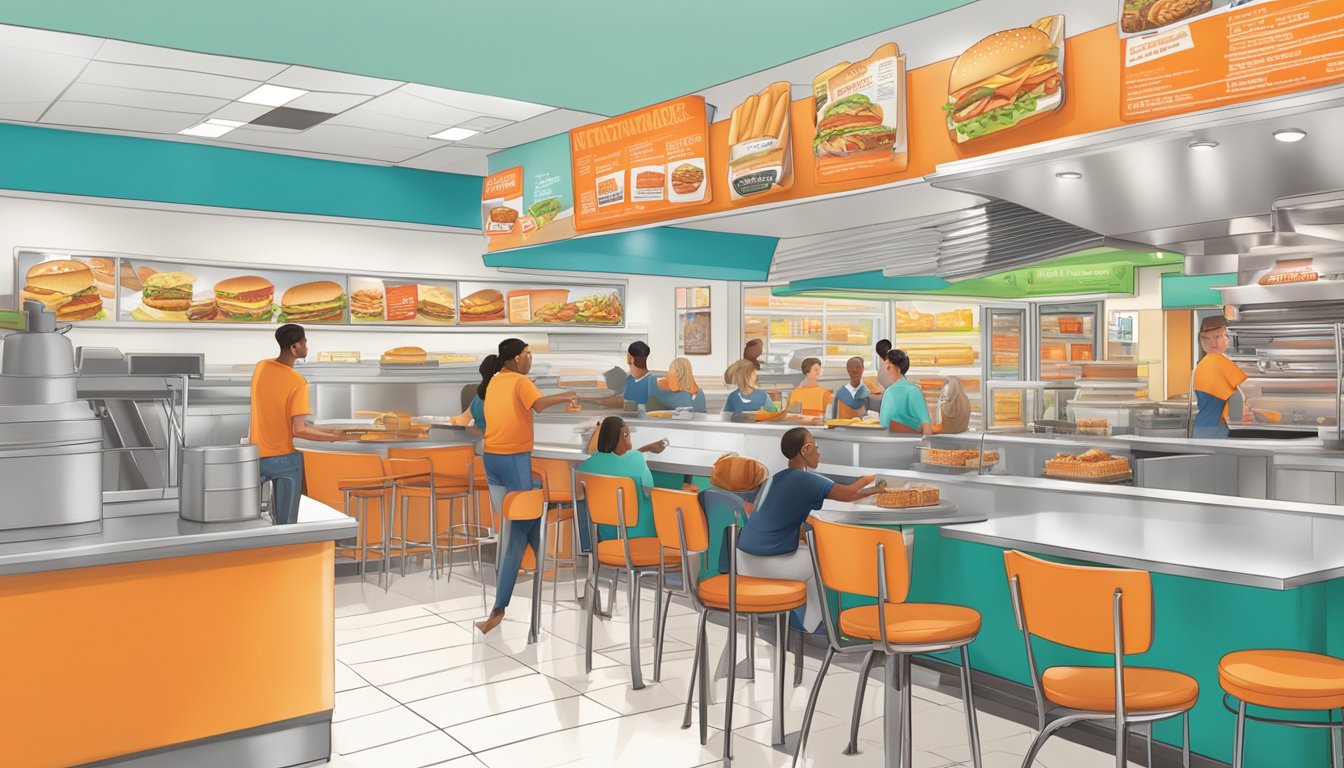 A bustling Whataburger restaurant in Florida, with a colorful menu board, tables filled with customers, and staff serving up delicious meals