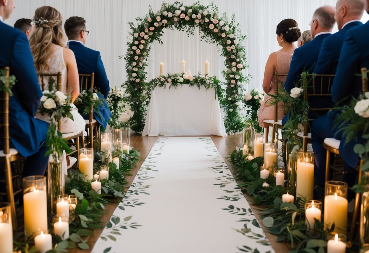 A wedding ceremony with a floral arch, candles, and a decorative aisle runner leading to an altar adorned with greenery and flowers