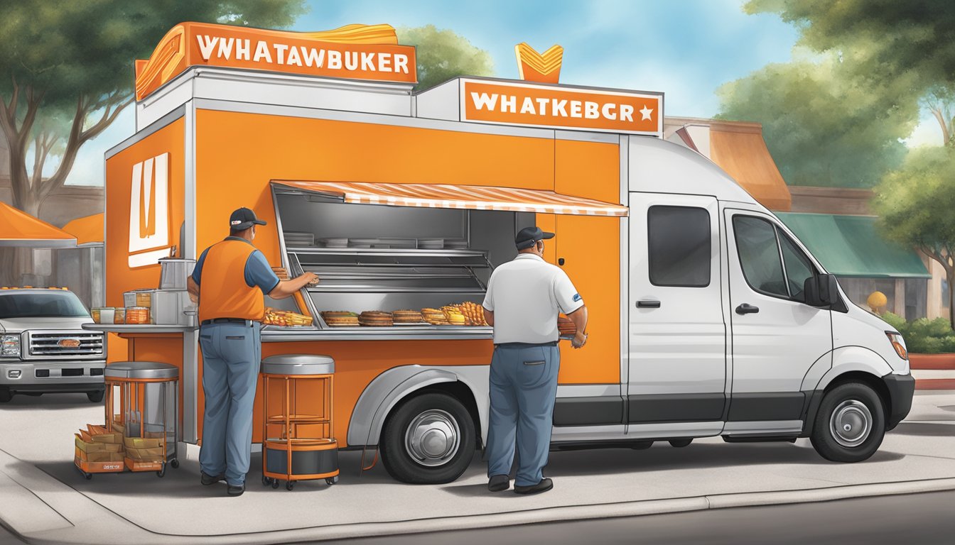 A Whataburger catering van parked outside a venue, with staff unloading trays of burgers and fries onto a table