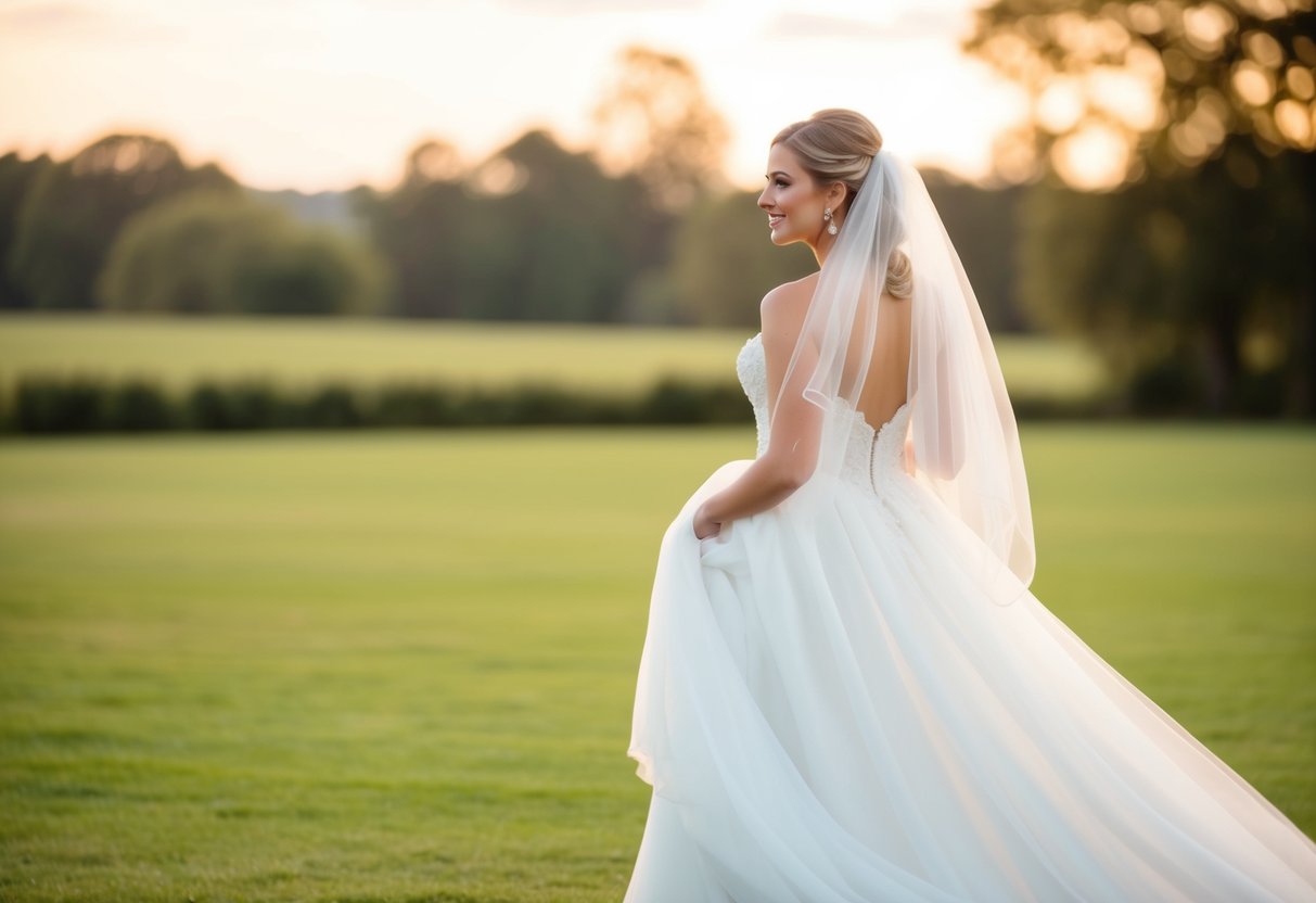 A bride wearing a flowing wedding gown with a delicate veil trailing behind her, gently caught in a soft breeze