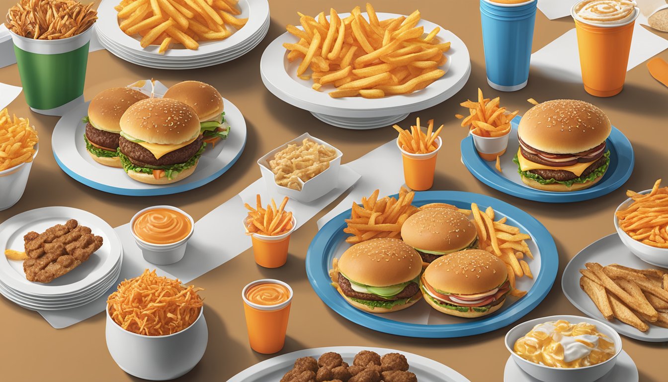 A table spread with Whataburger catering options: burgers, fries, drinks, and desserts displayed on platters and trays