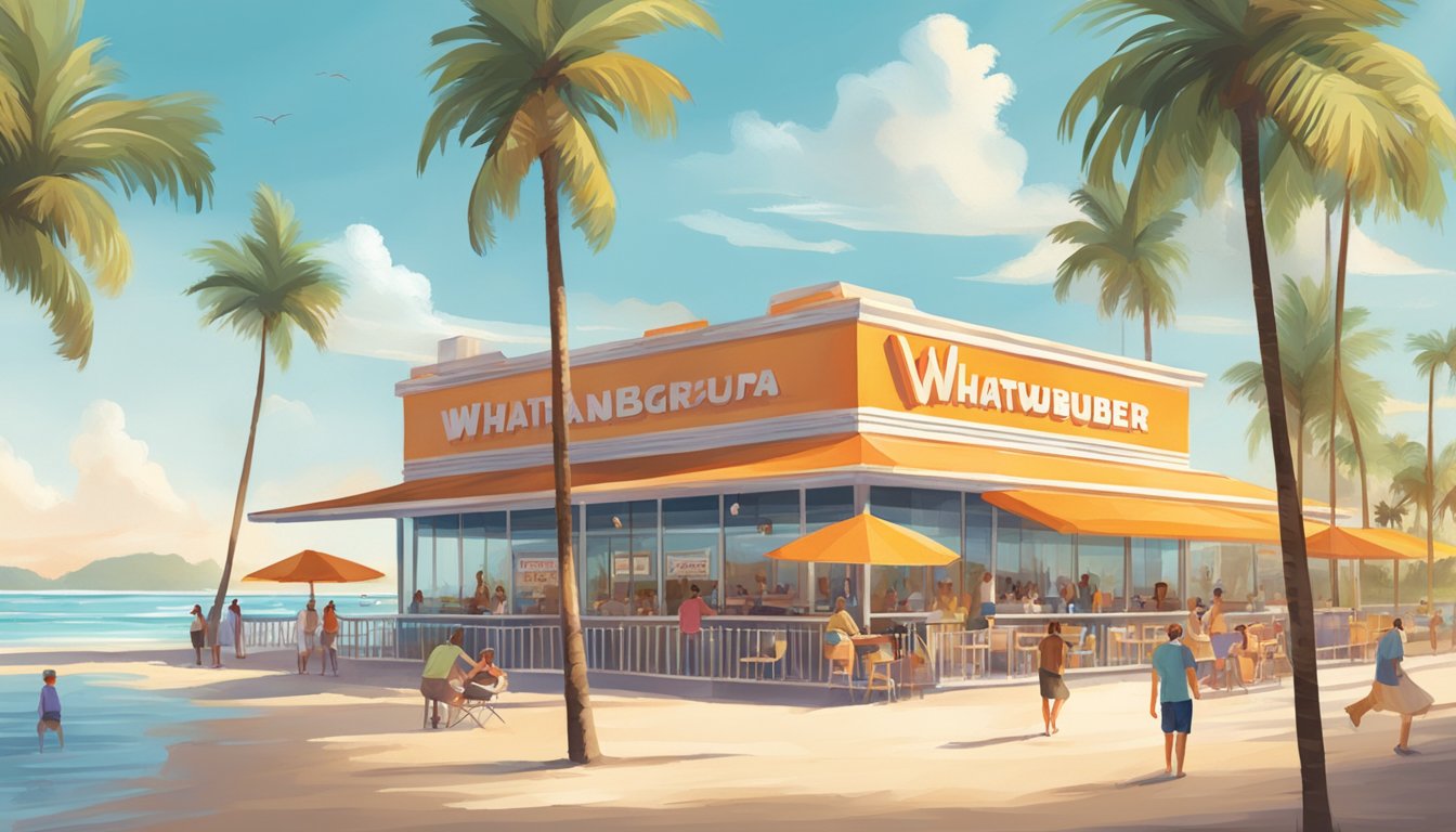 A sunny Florida beach with a Whataburger restaurant in the background, surrounded by palm trees and people enjoying the warm weather