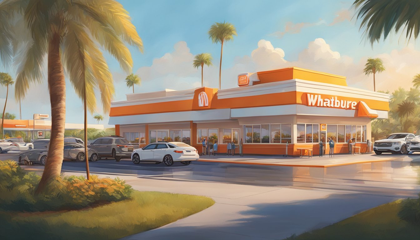 A bustling Whataburger in Florida, surrounded by palm trees and bathed in warm sunlight. The drive-thru is busy, with cars lined up to order