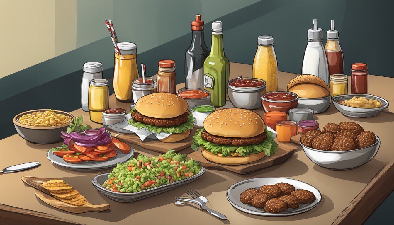 A table filled with various burger toppings, condiments, and sides, ready for customization