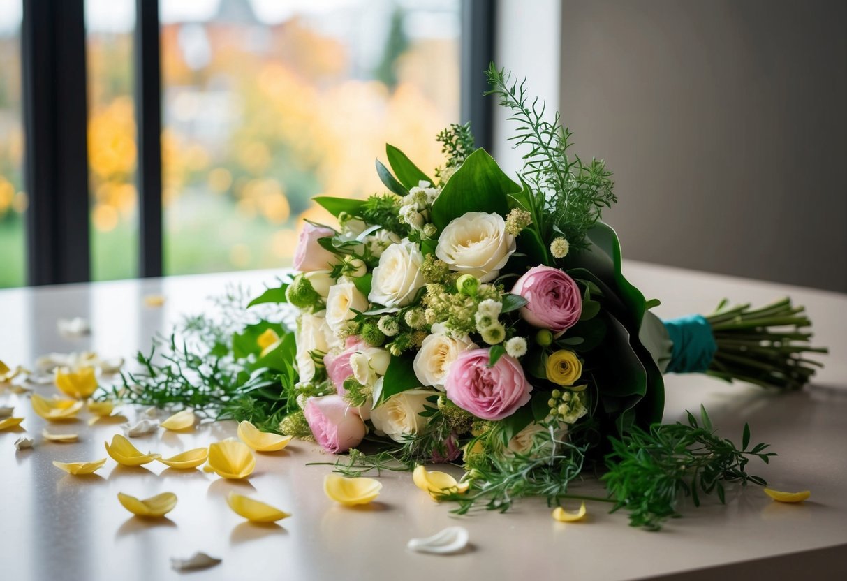 A bouquet of flowers lies abandoned on a table, surrounded by scattered petals and greenery