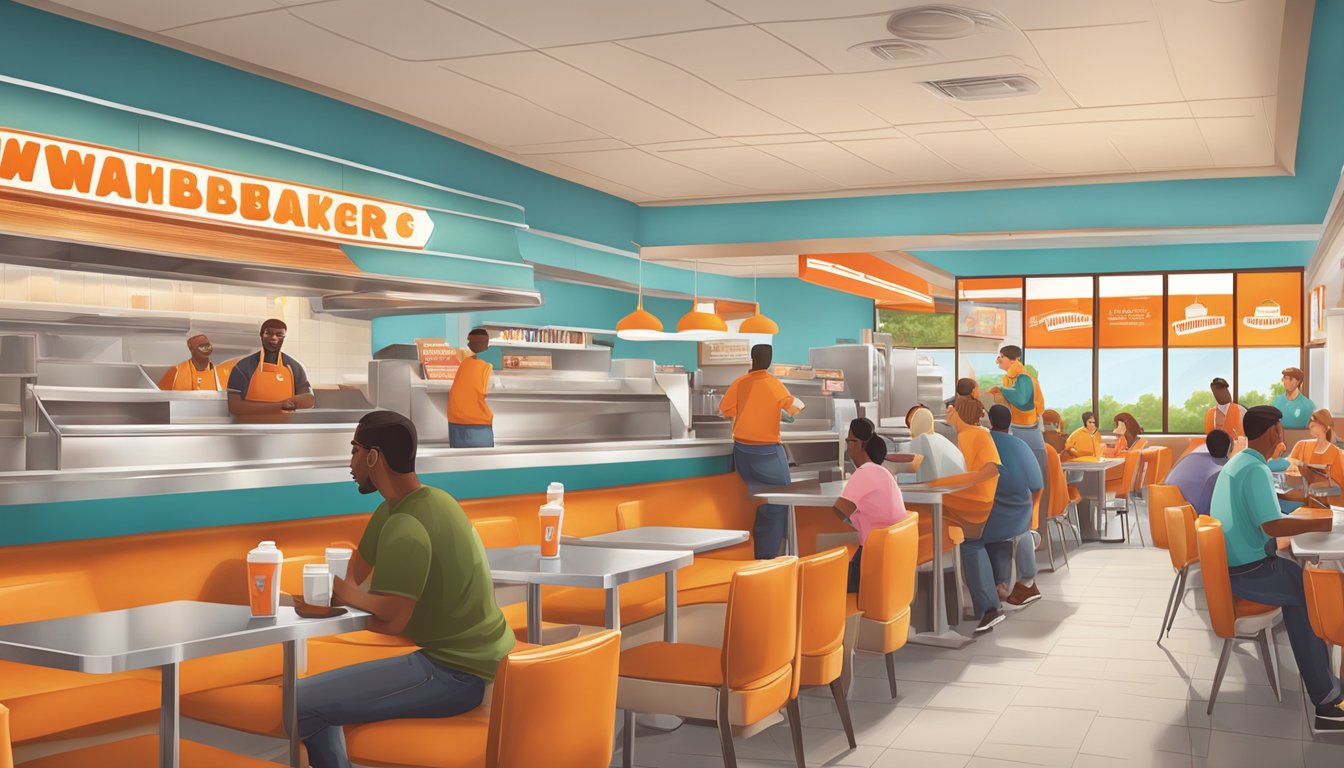 A bustling Whataburger restaurant in Florida, with customers enjoying their meals and engaging with staff. The community atmosphere is evident in the lively conversations and friendly interactions