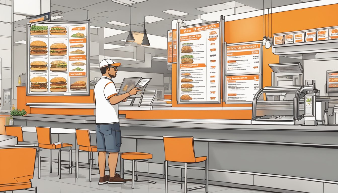 A customer points to a menu while a staff member takes their order at a Whataburger counter