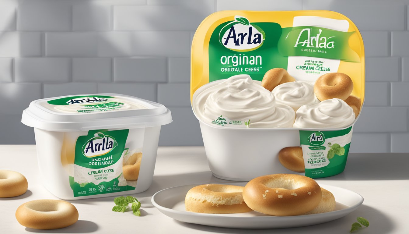 A tub of Arla Original Cream Cheese sits unopened on a clean, white kitchen counter, surrounded by a few freshly cut bagels and a knife