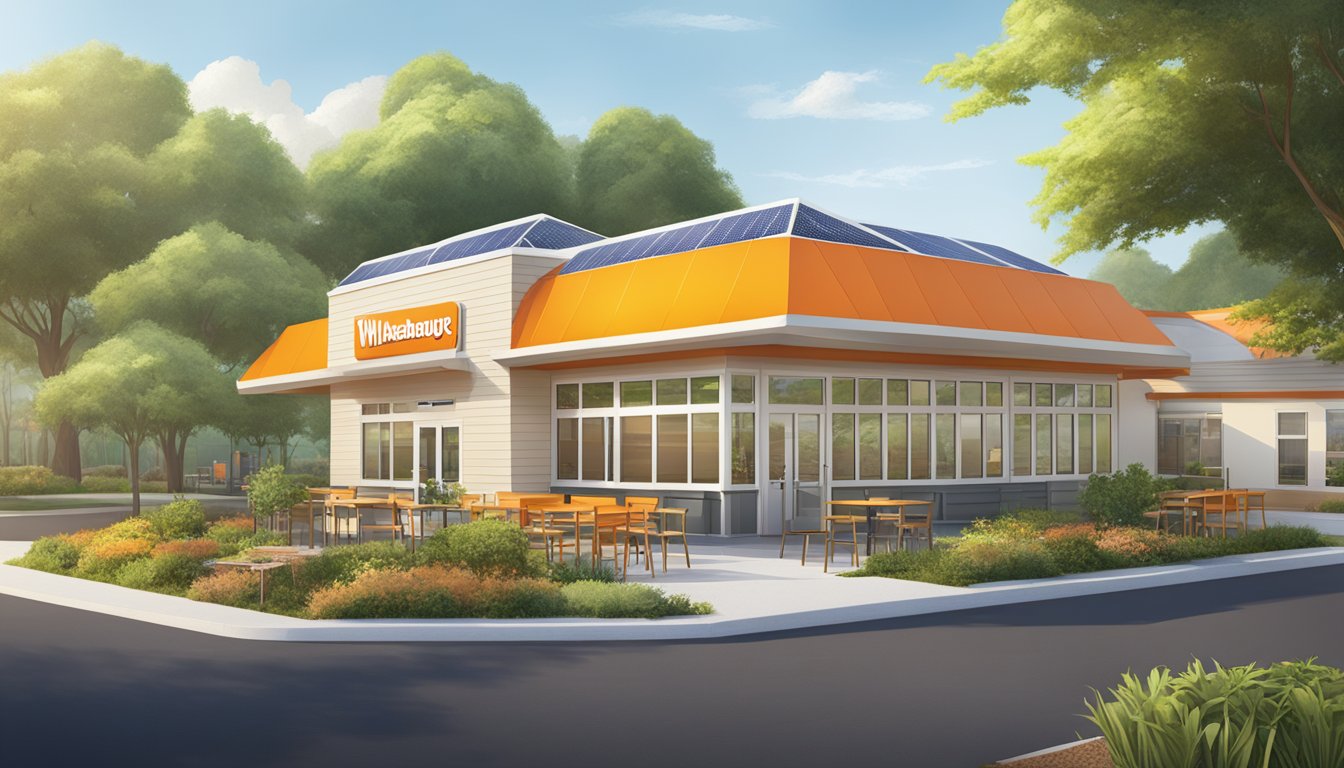 A Whataburger restaurant in Florida with solar panels, recycling bins, and a garden showcasing sustainability and corporate responsibility