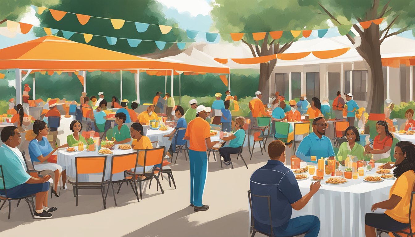 A festive outdoor event with tables and chairs set up, adorned with colorful tablecloths and centerpieces. Whataburger catering staff serving a variety of burgers, fries, and drinks to a diverse group of guests