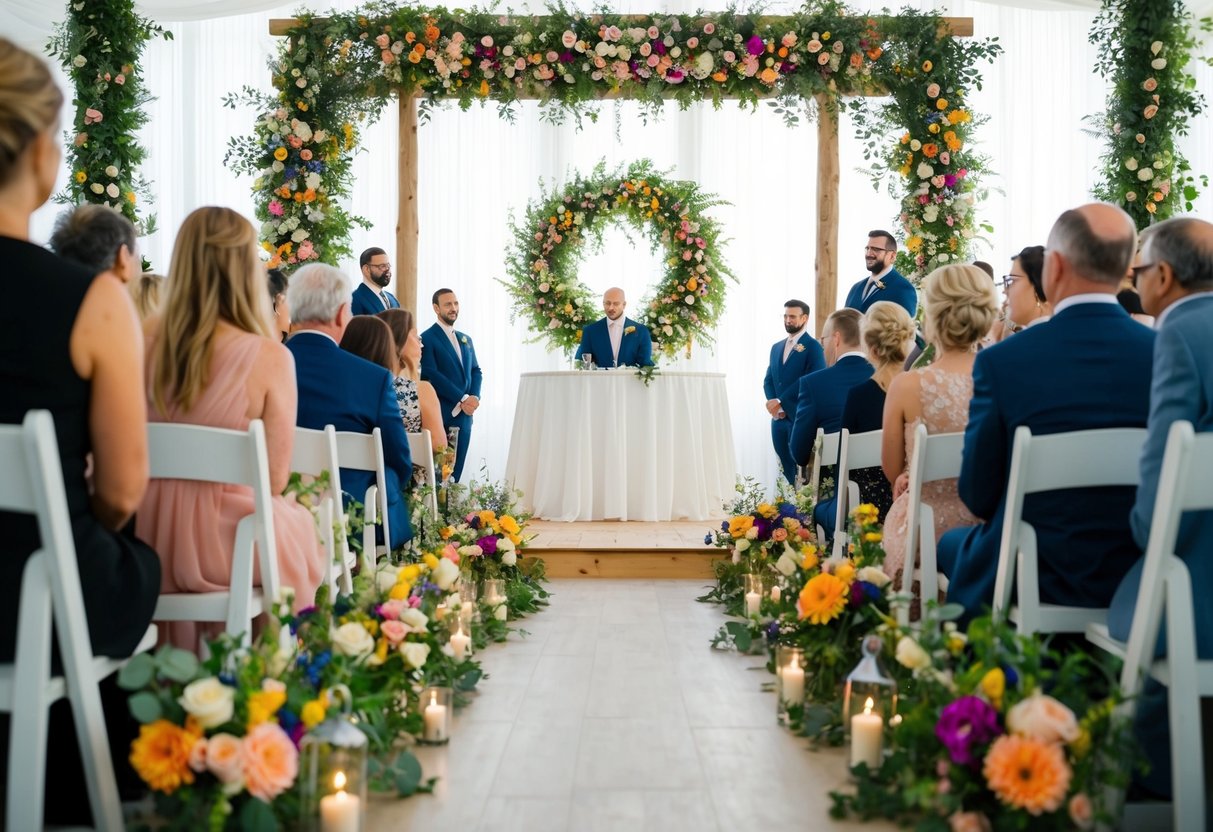 A colorful array of flowers and greenery adorns the wedding ceremony space, creating a tranquil and enchanting atmosphere for guests to enjoy