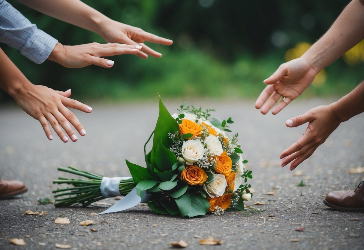 A bouquet lies abandoned on the ground, surrounded by eager hands reaching out to claim it
