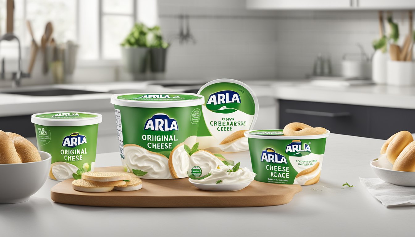 A tub of Arla Original Cream Cheese sits unopened on a clean, white kitchen counter, surrounded by a few fresh bagels and a knife