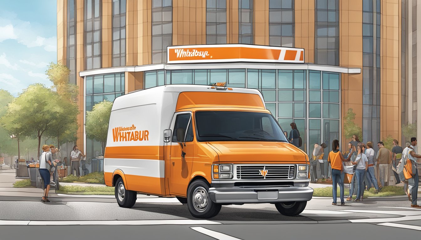 A Whataburger delivery van parked outside a bustling office building, with employees eagerly receiving their catered meals