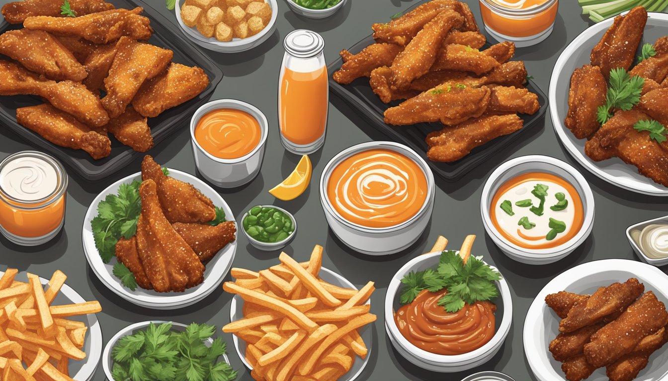 A sizzling plate of Whataburger wings surrounded by a variety of dipping sauces and garnished with fresh herbs