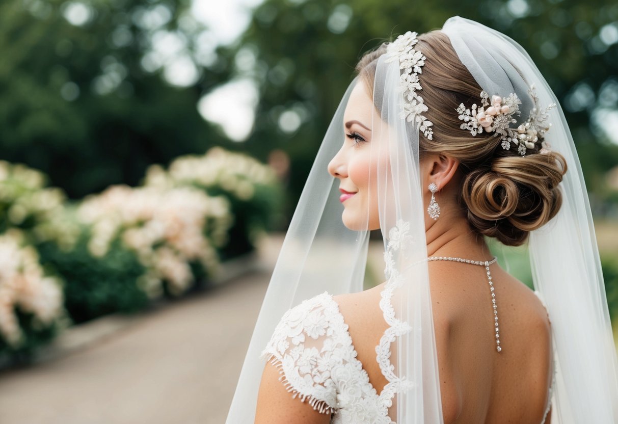A bride with a veil cascading down her back, adorned with delicate lace and sparkling jewels, her hair styled in an elegant updo with floral hair accessories