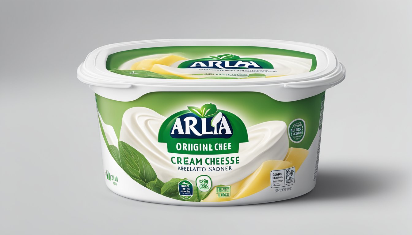 A sealed tub of Arla Original Cream Cheese on a clean, white kitchen counter