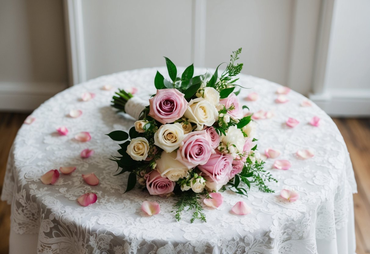 A bouquet rests on a lace-covered table, surrounded by scattered rose petals and delicate greenery