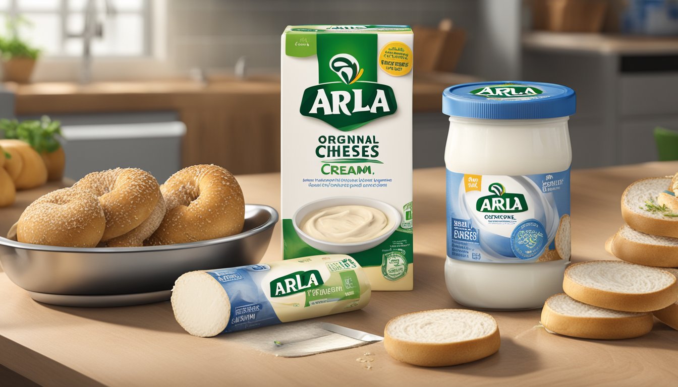 A tub of Arla Original Cream Cheese sits unopened next to a calendar showing the current date. It is surrounded by fresh bagels and a knife ready to be used