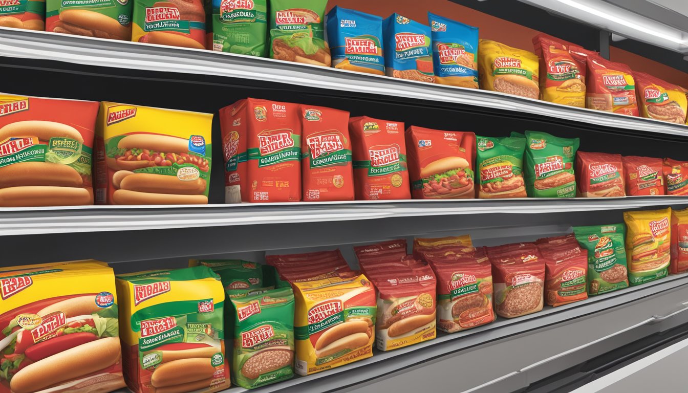 A package of Ball Park Beef Hot Dogs sits on a shelf, surrounded by other food items in a grocery store. The packaging is bright and eye-catching, with the product name and logo clearly displayed