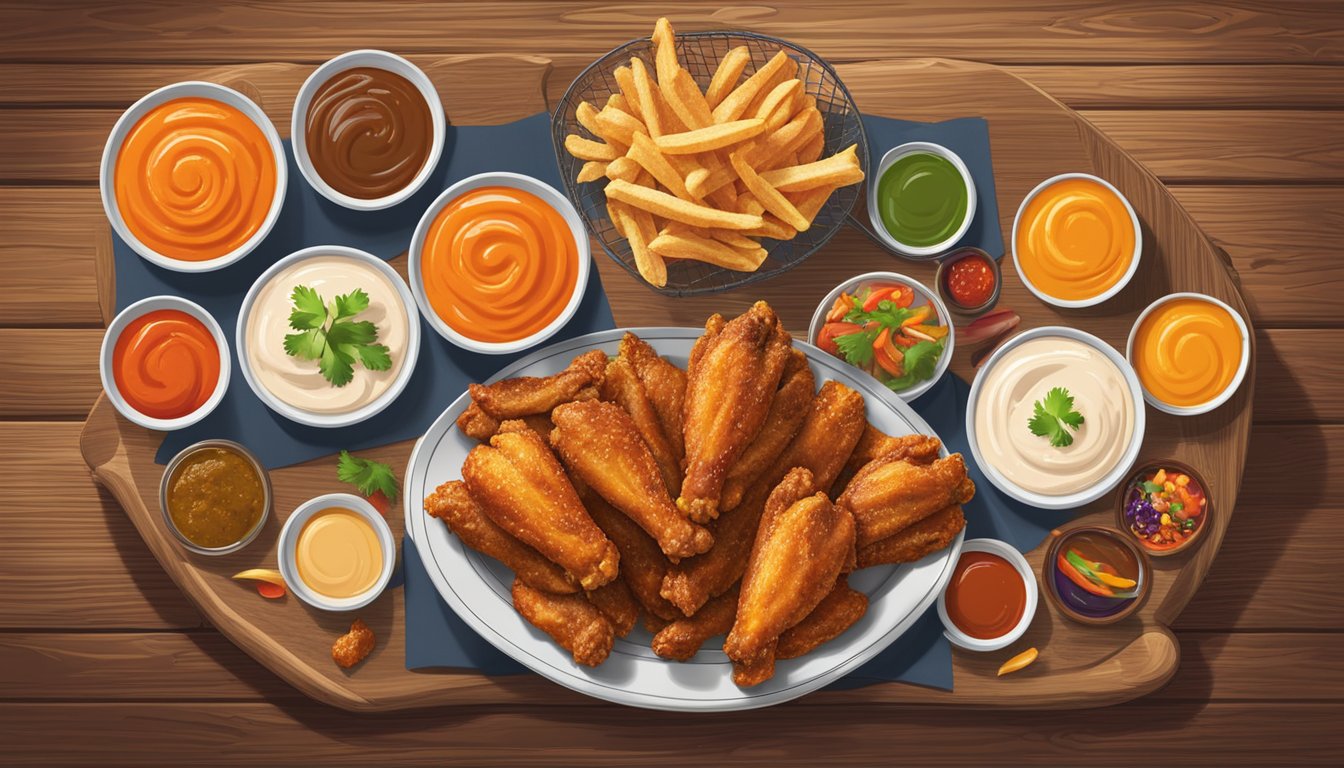 A sizzling platter of Whataburger wings surrounded by colorful dipping sauces on a rustic wooden table, with a festive banner overhead