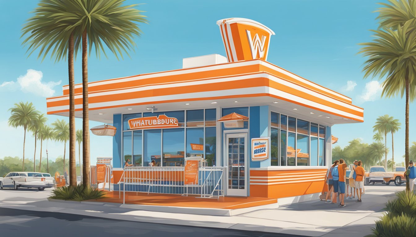 The iconic orange and white Whataburger sign stands tall against a clear blue Florida sky, surrounded by palm trees and bustling with customers