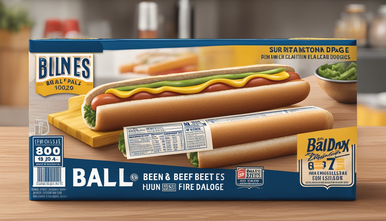 A package of Ball Park Beef Hot Dogs sits unopened in a refrigerator, with a "use by" date clearly visible on the packaging