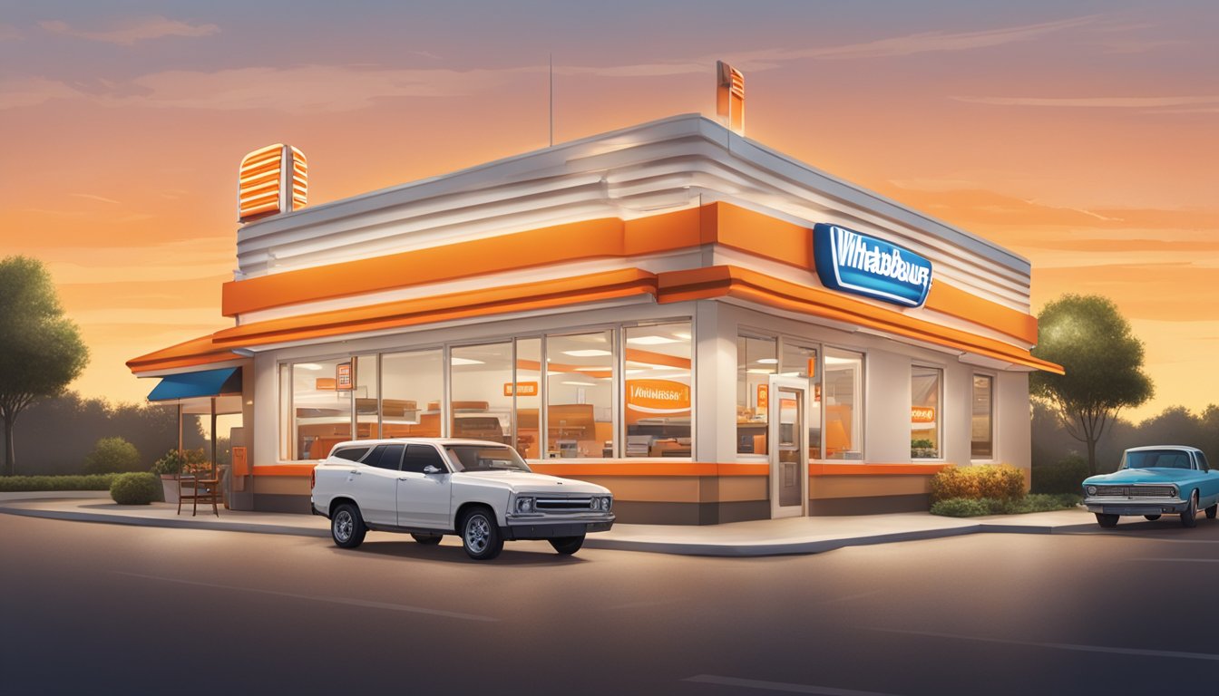 A bustling Whataburger restaurant with a classic orange and white striped exterior, a drive-thru lane, and a brightly lit sign displaying the hours of operation