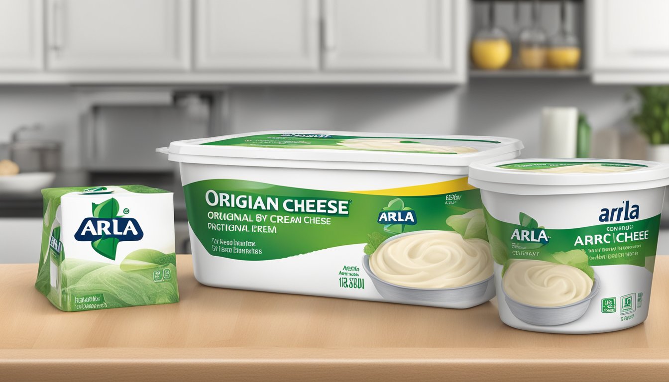 A sealed container of Arla Original Cream Cheese sits in a refrigerator with a "use by" date clearly visible