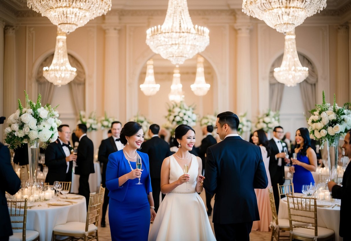 A grand ballroom adorned with crystal chandeliers, elegant floral arrangements, and guests in formal attire mingling with champagne in hand