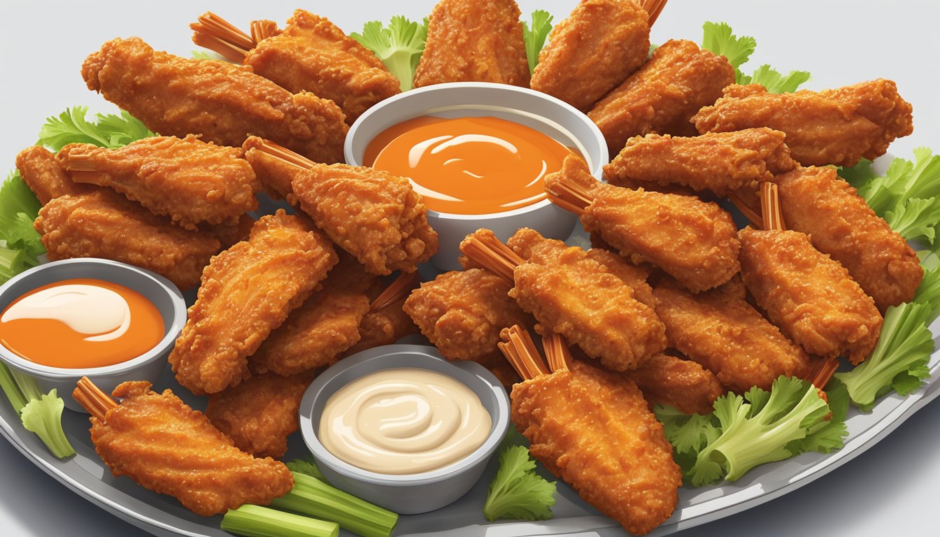 A platter of crispy, saucy Whataburger wings surrounded by dipping sauces and garnished with fresh celery and carrot sticks