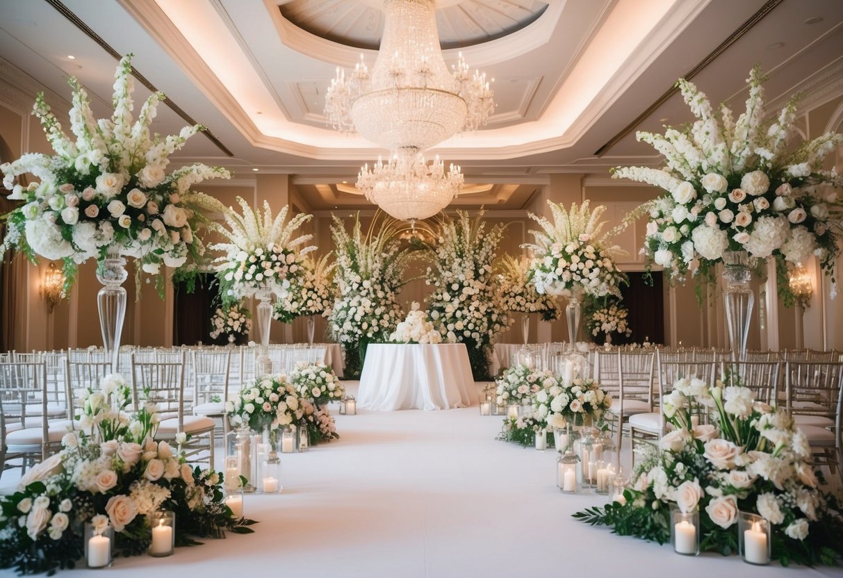 A lavish wedding venue with ornate decorations and extravagant floral arrangements