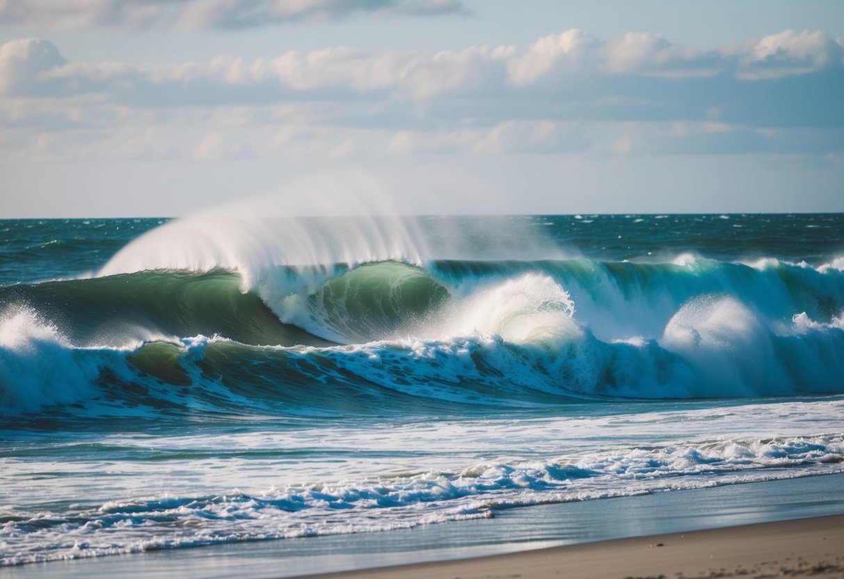 A windy beach with crashing waves, where a veil would be blown away