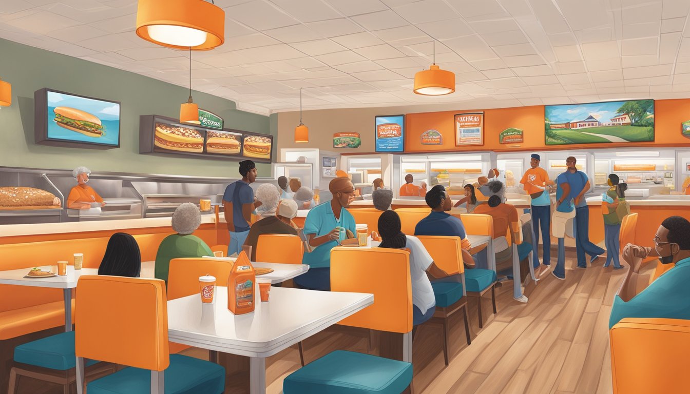 A bustling WhatABurger in Florida, with customers enjoying their meals and engaging in lively conversations. The restaurant is adorned with community stories and artwork, creating a warm and inviting atmosphere