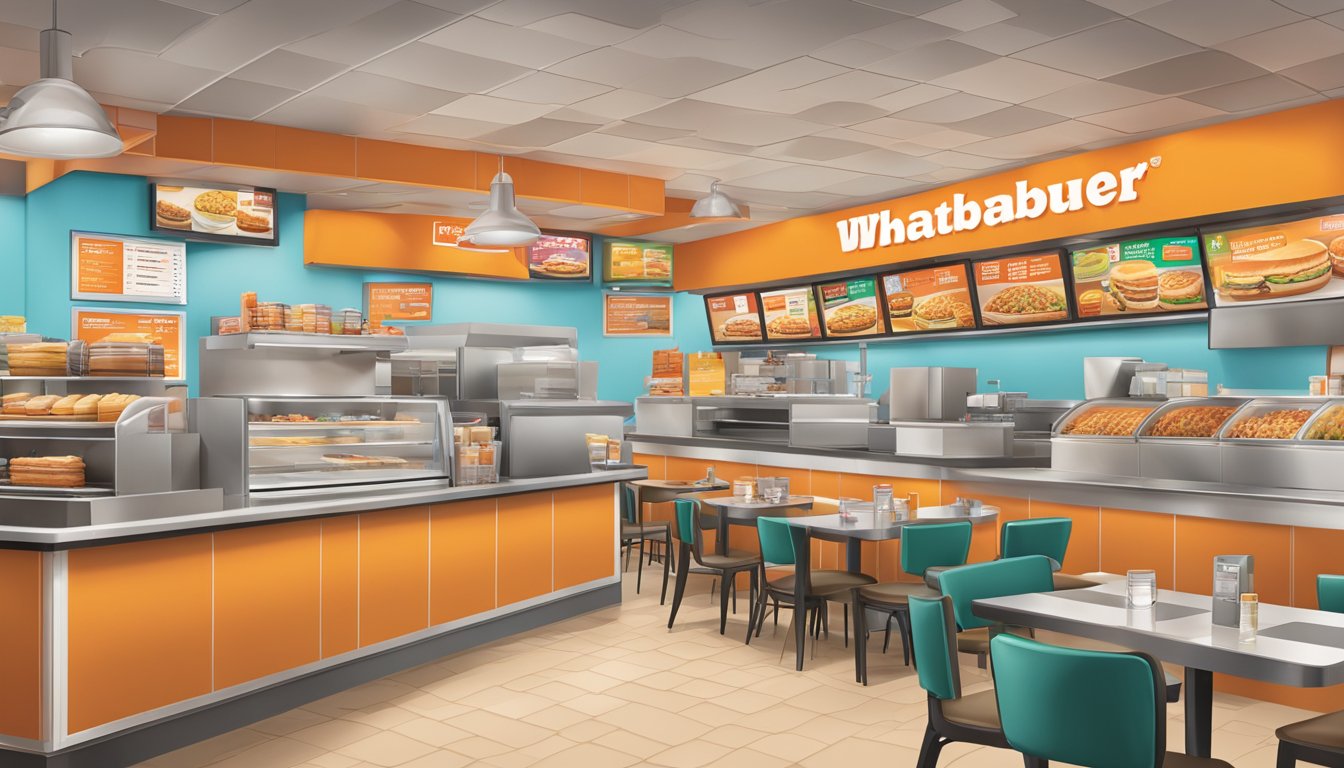 A bustling Whataburger restaurant with a colorful menu board and various ordering options displayed