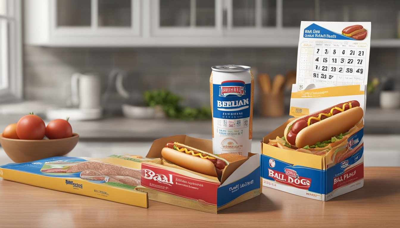 A package of Ball Park Beef Hot Dogs sits unopened on a kitchen counter, with a calendar in the background showing the current date