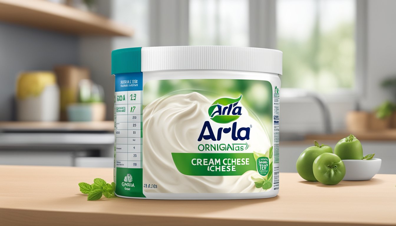 A jar of Arla Original Cream Cheese sits unopened on a clean kitchen counter, next to a calendar showing the current date