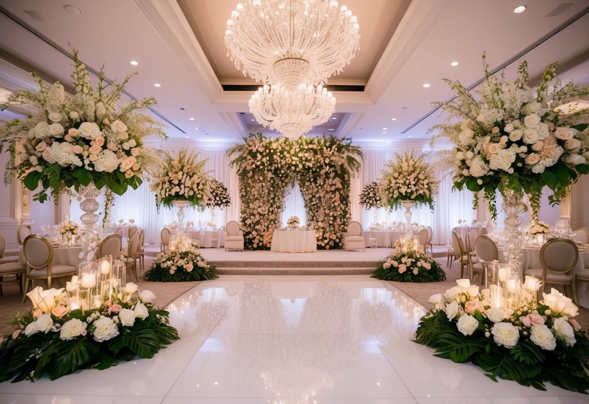 A lavish wedding venue with opulent decorations and extravagant floral arrangements