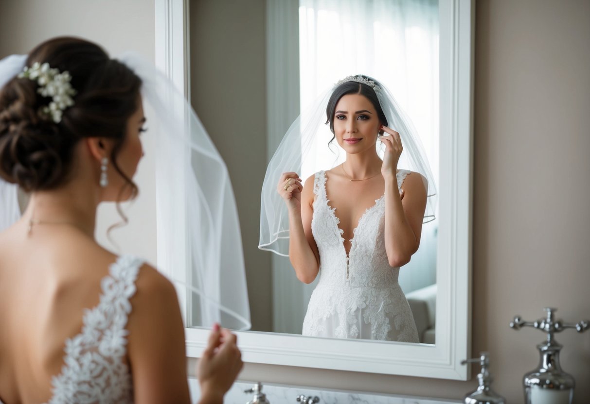 A woman standing in front of a mirror, removing her veil with a thoughtful expression