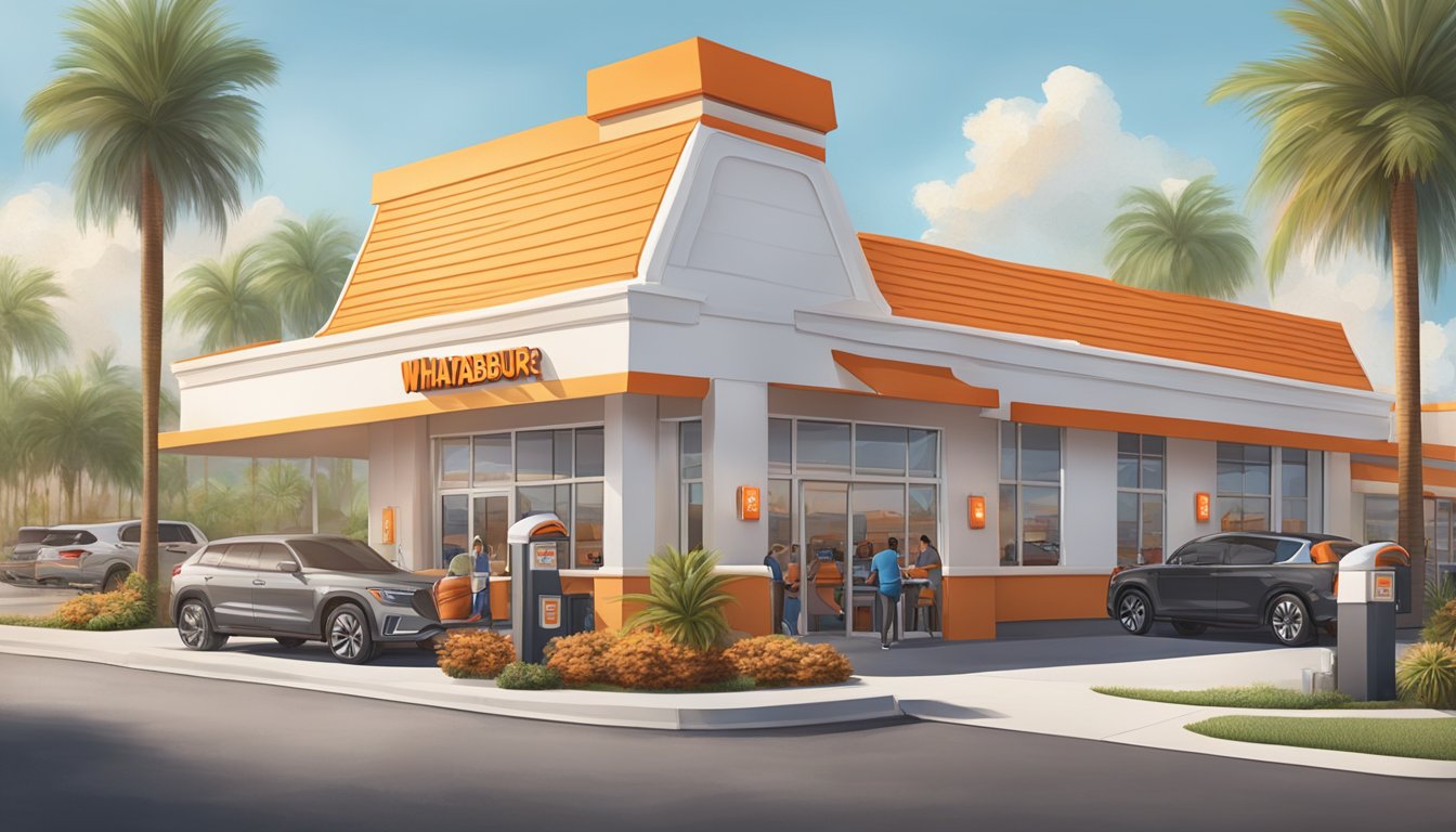 A bustling Whataburger restaurant in Florida, with a drive-thru and outdoor seating, surrounded by palm trees and accessible parking