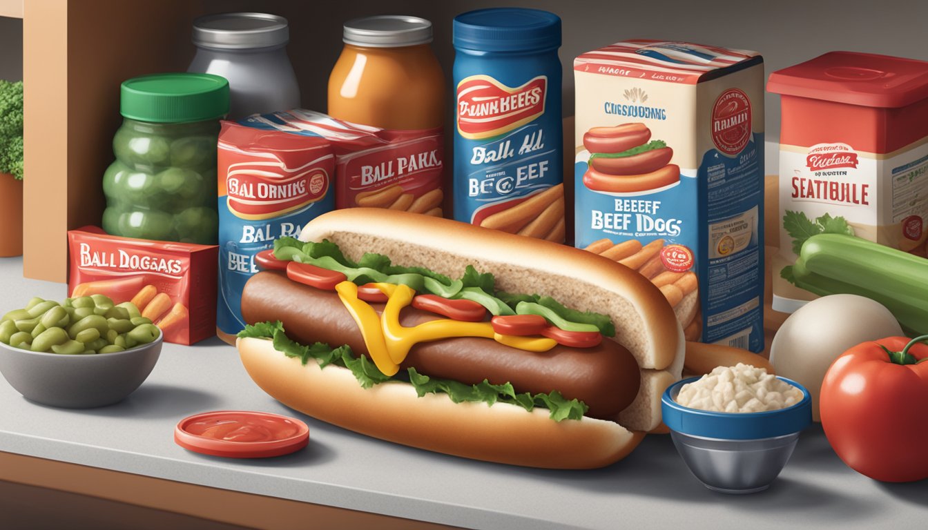 A package of Ball Park Beef Hot Dogs sits unopened on a kitchen counter, surrounded by other groceries