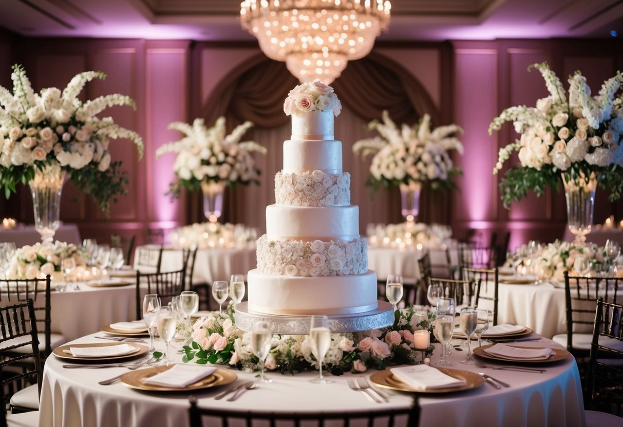 A lavish wedding reception with extravagant floral arrangements, ornate table settings, and a grand wedding cake as the focal point