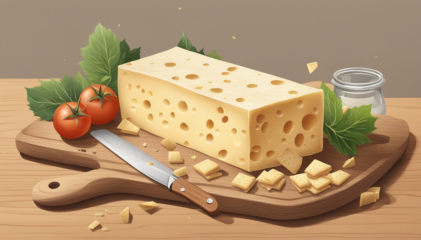 A block of Asiago cheese sits on a wooden cutting board, surrounded by a variety of crackers and a small knife. A few crumbs are scattered around the board