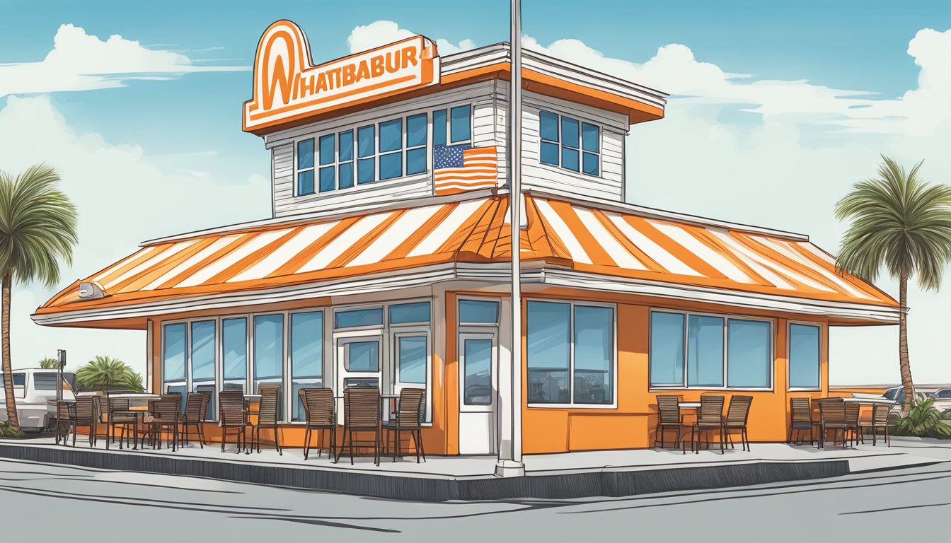 A bustling Whataburger restaurant in Florida, with palm trees swaying in the background and the iconic orange and white striped building standing out against the blue sky