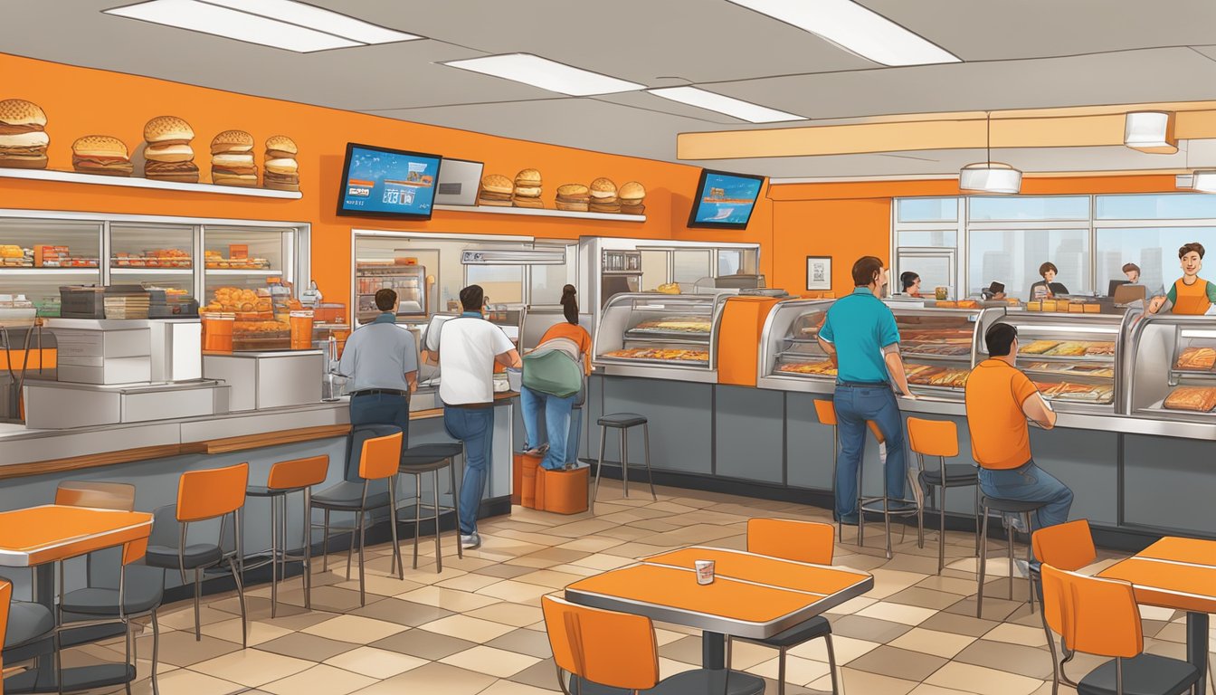 A bustling Whataburger restaurant during open hours, with employees working behind the counter and customers dining at tables