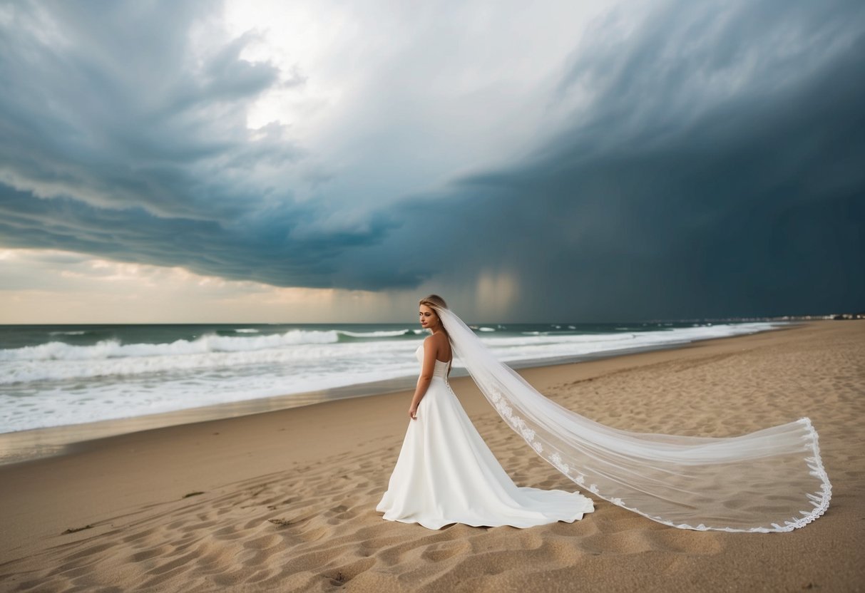 A windy beach with a stormy sky, where a veil would be difficult to manage